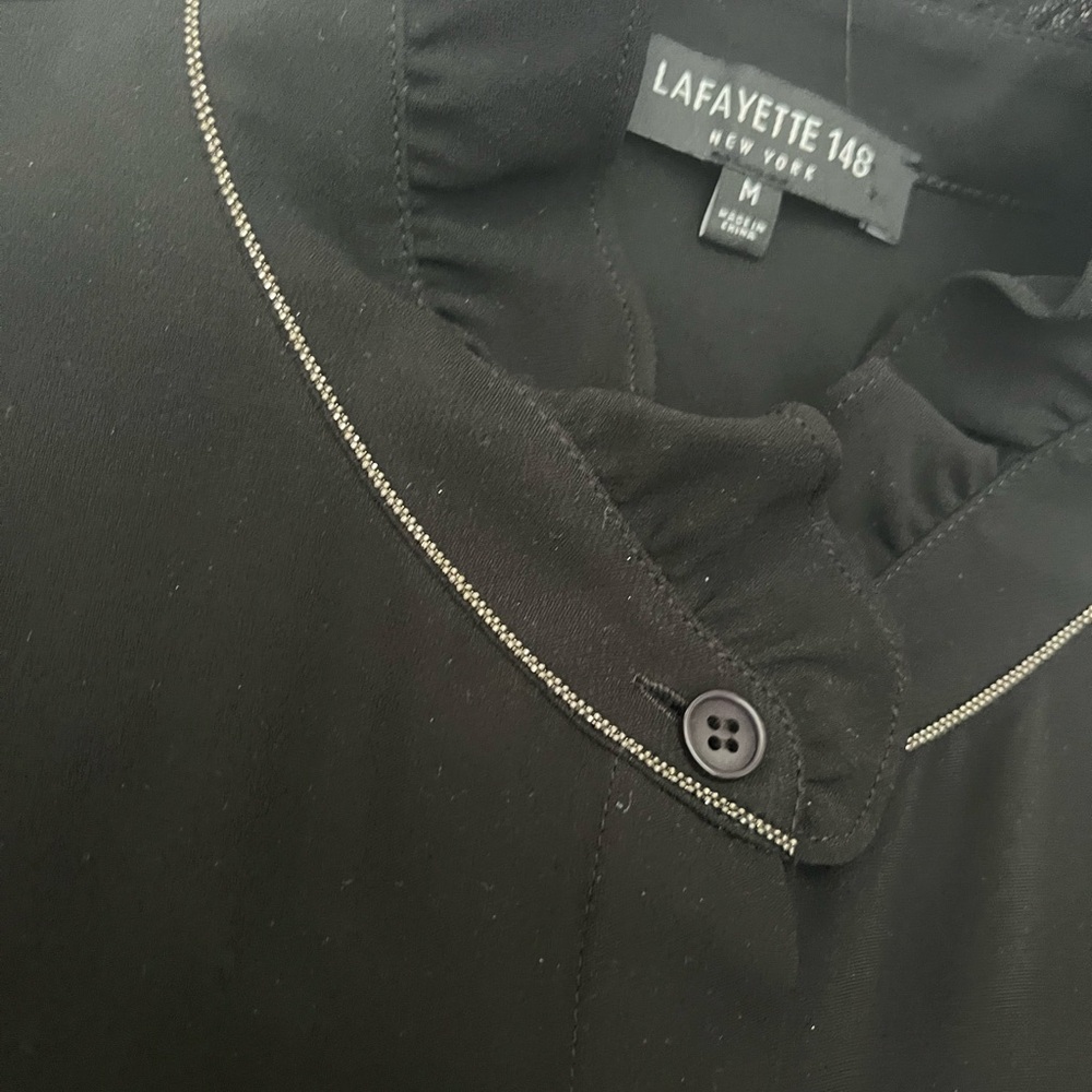 lafayette 148 New York Blouse Black Size M Silk silver collar detail - Picture 10 of 11